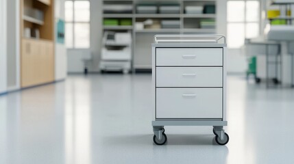 Modern hospital cart with drawers in bright and spacious medical facility interior with clean environment