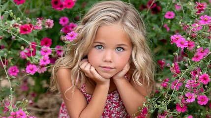Fototapeta premium Young girl with blonde hair and blue eyes surrounded by pink flowers in a garden