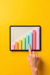 Hand pointing at pastel bar graph on digital tablet screen showing upward growth trend on yellow background