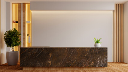 Modern minimalist reception area featuring a dark marble front desk, wooden slat wall accents, natural lighting- 3D rendering