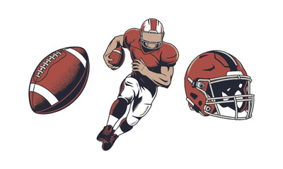 Modern vector illustration of an American Football Collection featuring three key elements, dynamic football player in action, easily editable.