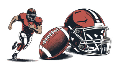 Modern vector illustration of an American Football Collection featuring three key elements, dynamic football player in action, easily editable.
