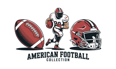 Modern vector illustration of an American Football Collection featuring three key elements, dynamic football player in action, easily editable.