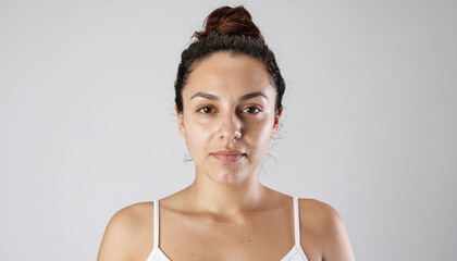 Barefaced hispanic woman with slicked-back bun against a studio background