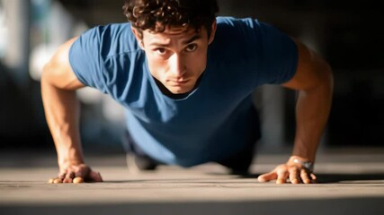 Man exercise push up fitness strength determination workout healthy motivation indoor training as young man performs push up indoors showing focus, endurance, and energy for healthy lifestyle