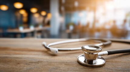 Stethoscope placed on woodentable in medical clinic.
epresenting healthcare
services, doctor appointmentand medical examinationconcept.