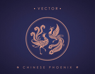 Pair of Chinese Phoenixes in Decorative Circle on Blue Patterned Background