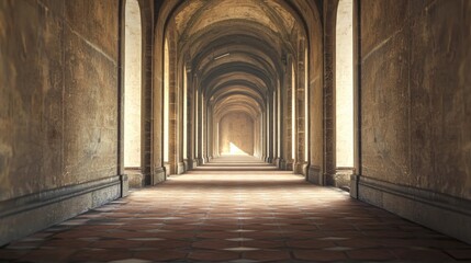 A long, narrow, stone corridor with arches and columns, illuminated by sunlight, leading to a distant light at the end.