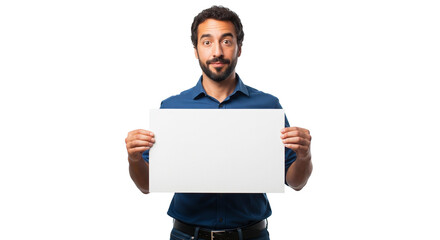 Man holding blank sign, isolated on white background