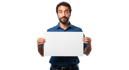 Man holding blank sign, isolated on white background