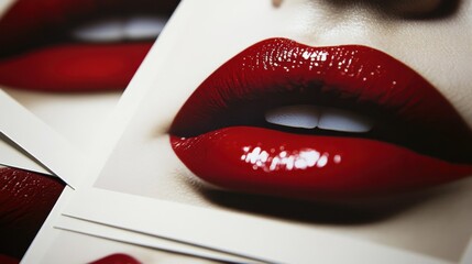 Close-up of Glossy Red Lips with Bold Makeup on Fashion Prints