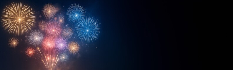 Fototapeta premium Colorful fireworks explosion display on dark gradient background with copyspace for celebration poster, banner, or holiday promotion template.