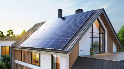 Solar panels on the roof of a modern energy-efficient home in a suburban neighborhood.