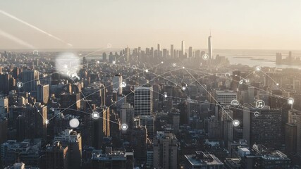 Cityscape with interconnected network overlays - Powered by Adobe