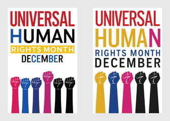 Colorful Universal Human Rights Month Banner With Fists And Word Emphasis

