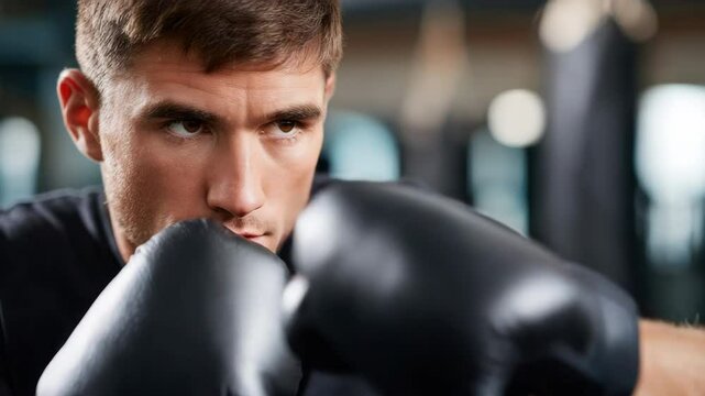 Focused male boxer with black gloves trains intensely in gym, showing determination, concentration, and focus during workout session, highlighting man�s strength and dedication
