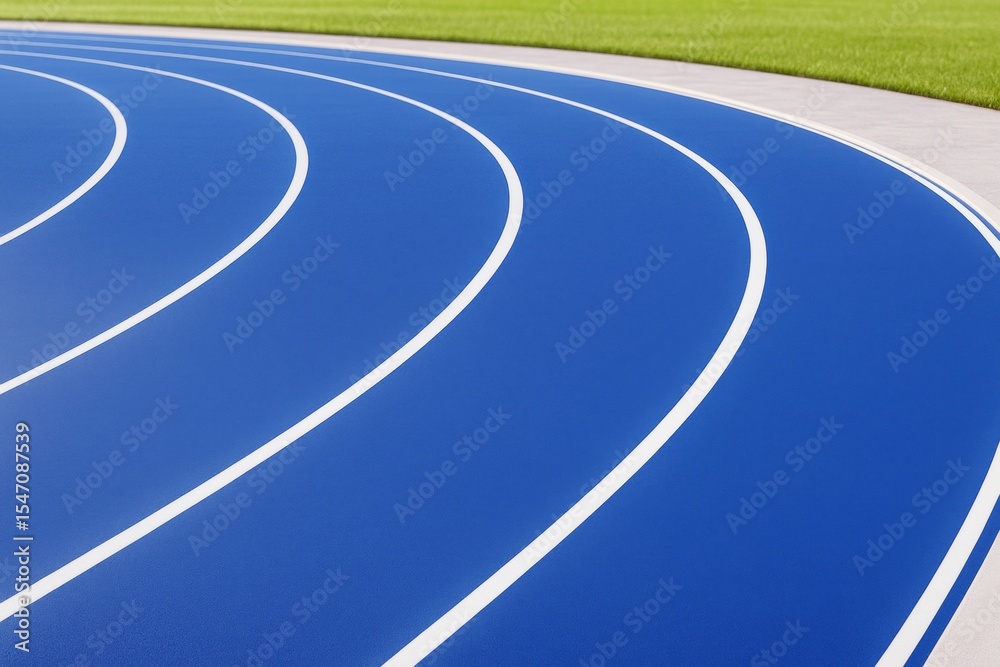 Poster curved blue running track with white lines on sunny day, next to green grass field, viewed from low 