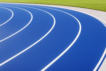Curved blue running track with white lines on sunny day, next to green grass field, viewed from low angle on clean and minimal background.