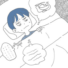 モヤモヤ考えすぎて寝付けない男性　背景あり