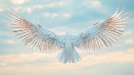 A white dove with wings spread against a blue sky with clouds.