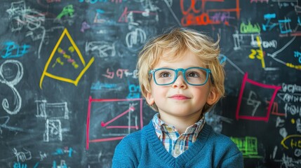 A young boy wearing glasses standing in front of a chalkboard with colorful math equations and symbols.