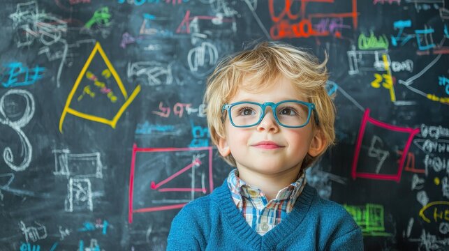 A young boy wearing glasses standing in front of a chalkboard with colorful math equations and symbols.