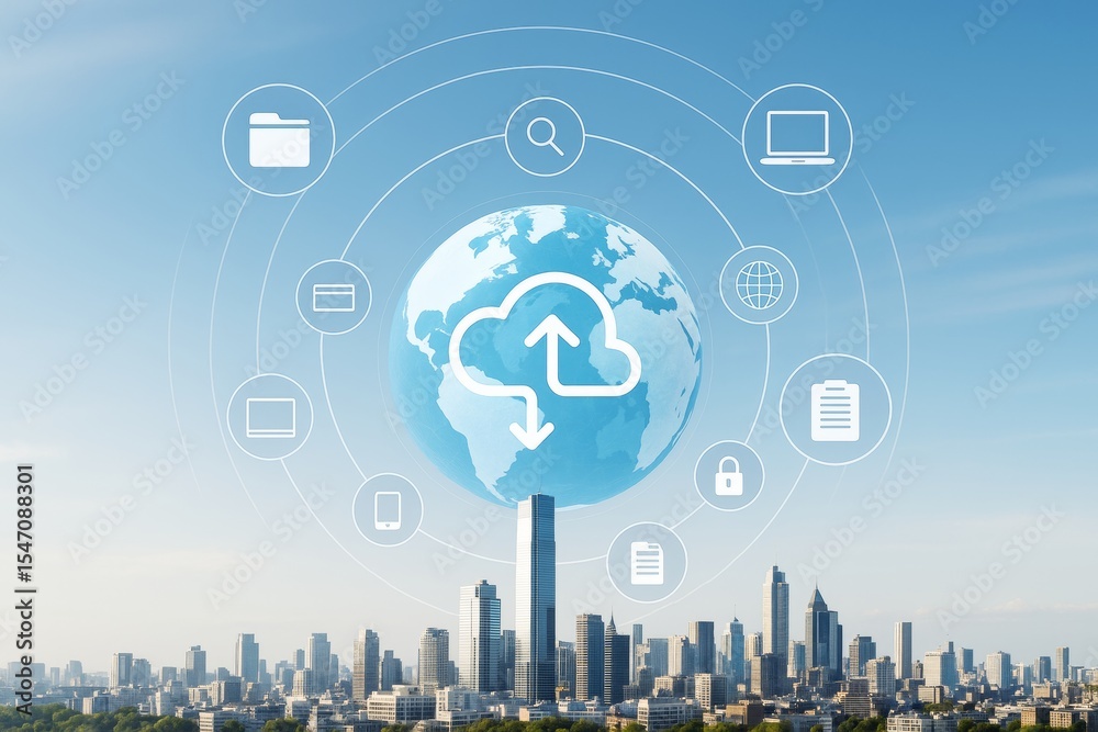 Poster cloud computing technology concept with earth globe and digital icons over modern city skyline on a 