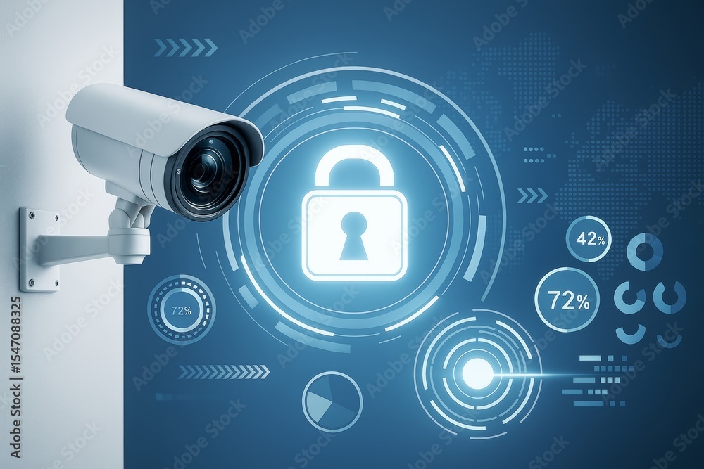 Poster Surveillance camera on wall with digital padlock symbol and futuristic tech interface on blue background representing cybersecurity concept.