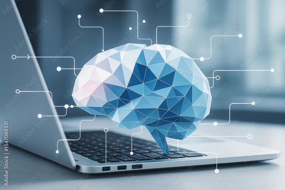 Poster Abstract low-poly brain with digital connections emerging from laptop keyboard, symbolizing artificial intelligence and modern technology concept.