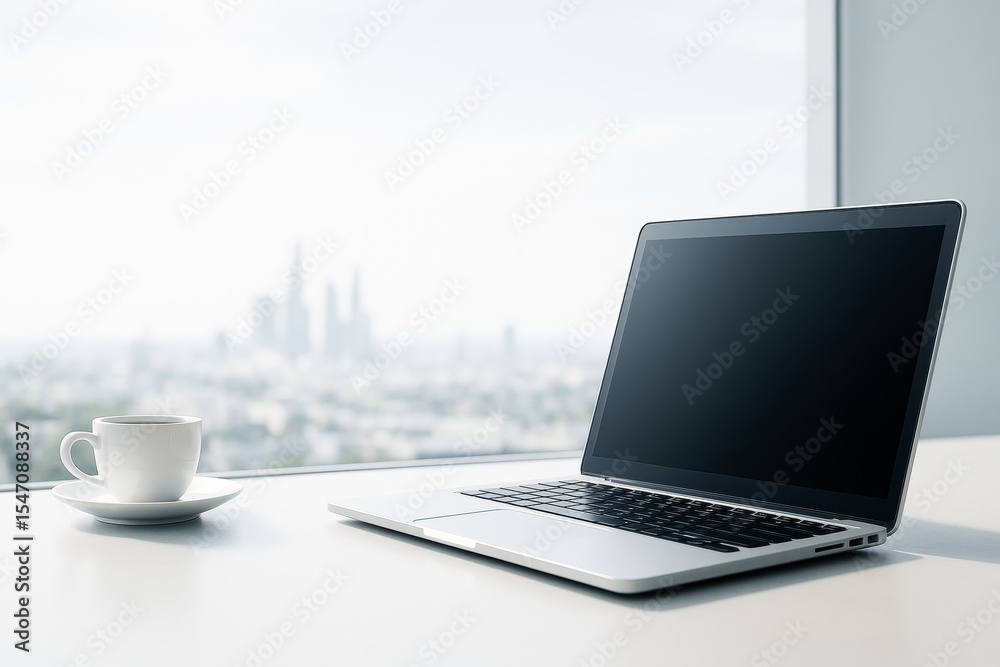 Poster sleek laptop and coffee cup on modern office desk near window with bright cityscape background, symb