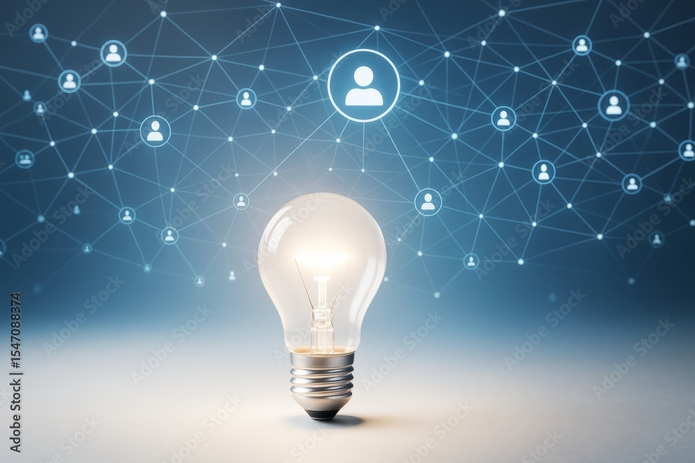 Poster Glowing light bulb on gradient background with connected user icons symbolizing innovation and digital communication concept in technology network system.