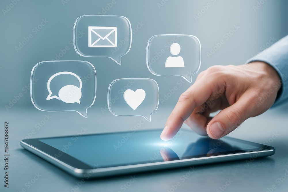 Poster Finger touching tablet with floating communication icons in modern tech interface on soft blue background, symbolizing digital interaction concept.