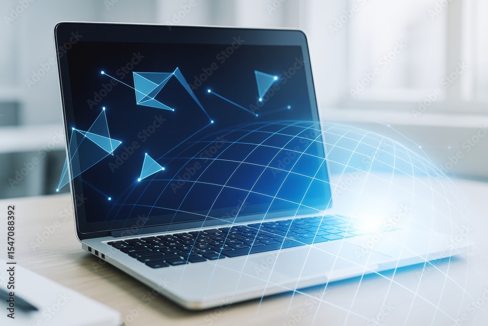 Poster futuristic laptop with glowing geometric digital elements and grid overlay on bright background illu