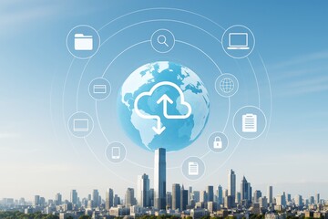 Cloud computing technology concept with earth globe and digital icons over modern city skyline on a clear blue sky background. Ai generative.