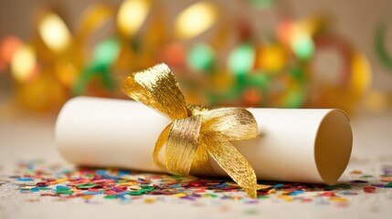 Joyful Certified Graduation Design. Celebratory diploma scroll with ribbon and confetti backdrop.