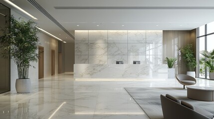 A modern, minimalist lobby with marble floors, white walls, and a large, open space with a few potted plants and a few chairs.