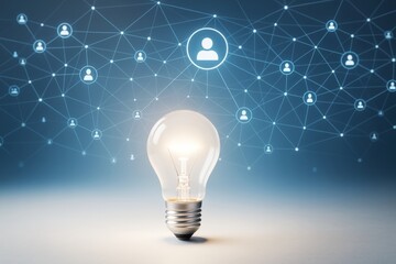Glowing light bulb on gradient background with connected user icons symbolizing innovation and digital communication concept in technology network system.