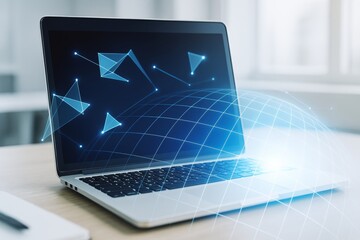 Futuristic laptop with glowing geometric digital elements and grid overlay on bright background illustrating abstract technology and business concept.