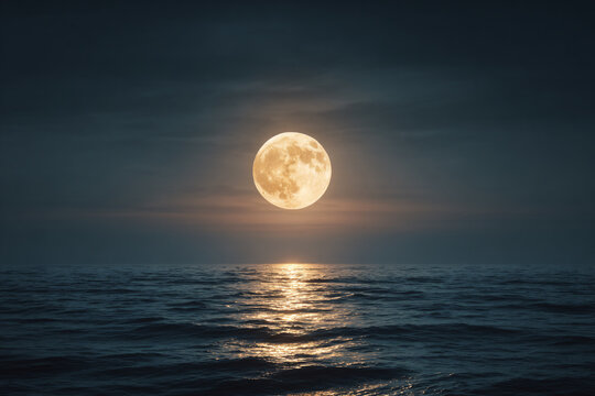 a full moon is shining over the ocean