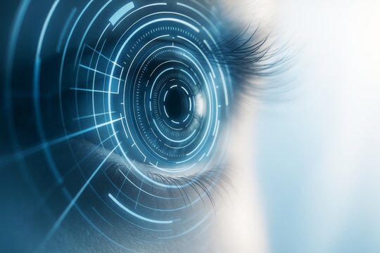 Futuristic digital interface overlay on human eye symbolizing biometric technology and innovation in tech business background concept.