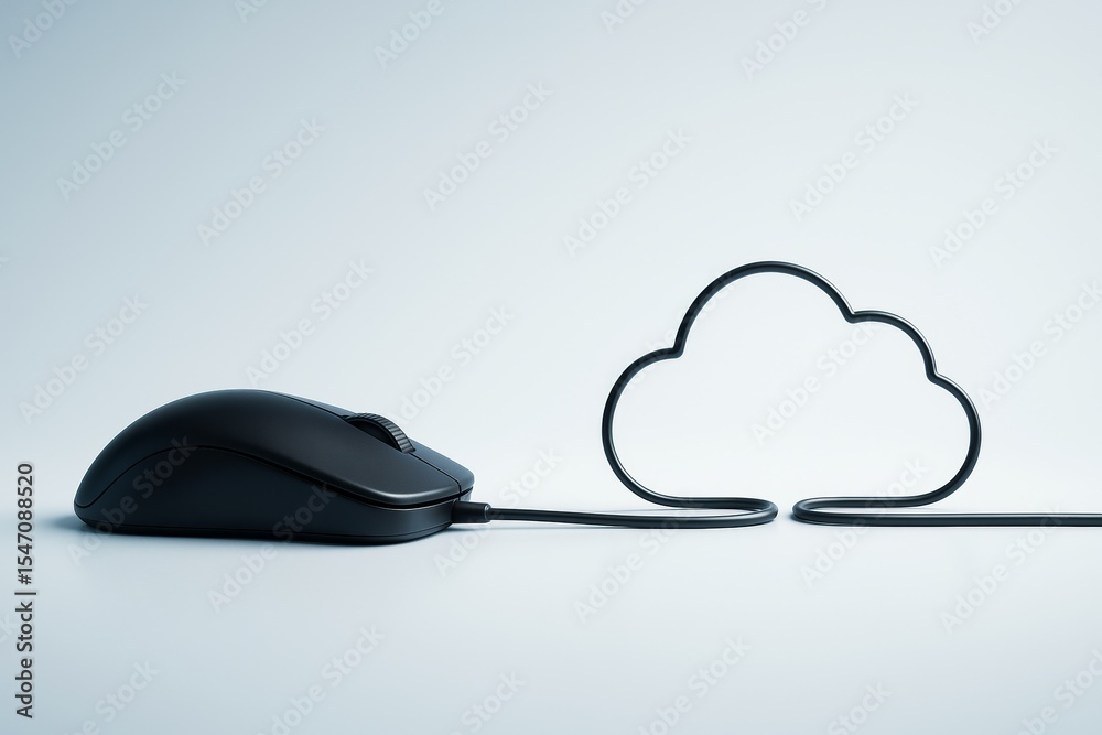 Poster Computer mouse connected to cloud shape by cable symbolizing cloud computing and data access on light background, creative technology concept..