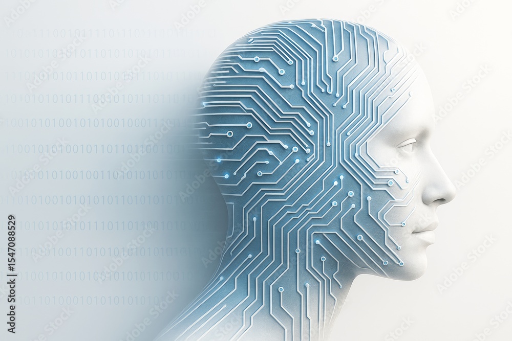 Poster Futuristic human head merged with circuit board lines on light background symbolizing artificial intelligence and digital technology concept.