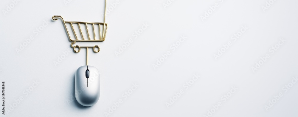 Poster Shopping cart symbol made of wire connected to computer mouse on clean white background symbolizing online shopping and technology concept.