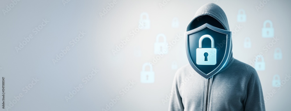 Poster Cybersecurity concept with anonymous hoodie figure wearing a shield with padlock icon on light background with copyspace for tech promotion mockup.