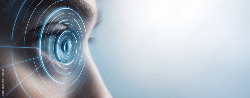Poster futuristic biometric eye scan with digital interface elements on clean light background for technolo