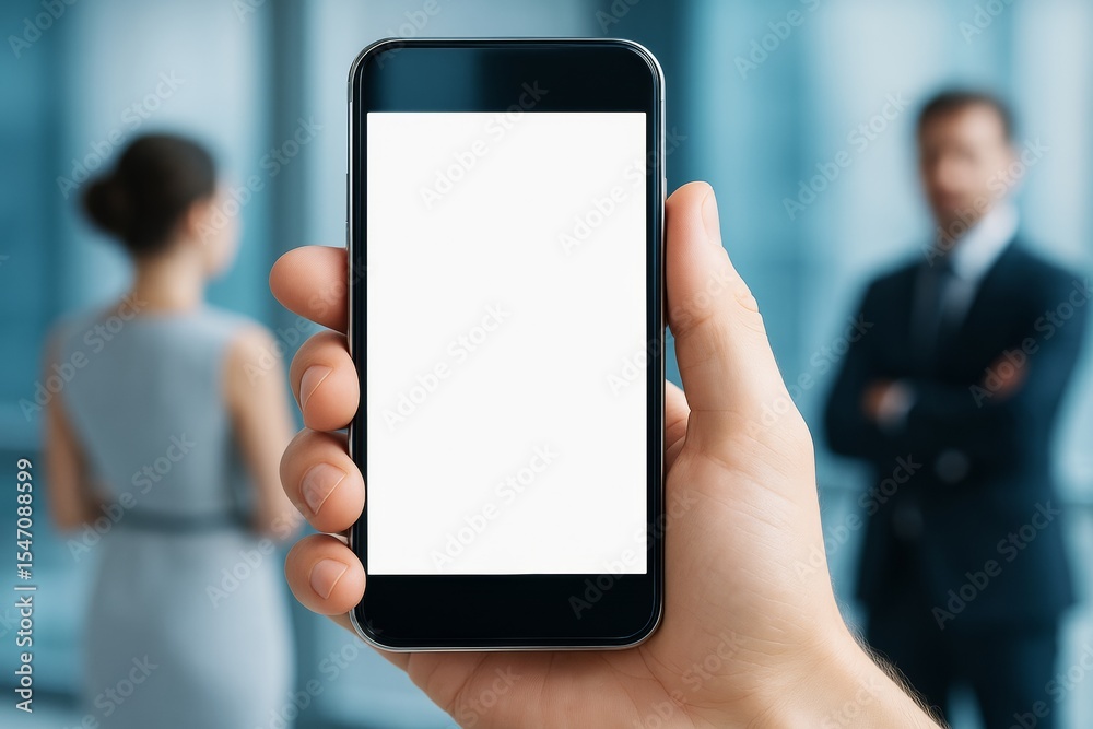 Poster hand holding smartphone with blank white screen in office setting with business professionals in bac