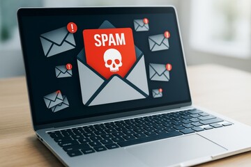Spam email warning concept shown on laptop screen with envelope icons and red alert signs on modern desk background in cybersecurity context.