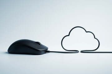 Computer mouse connected to cloud shape by cable symbolizing cloud computing and data access on light background, creative technology concept..