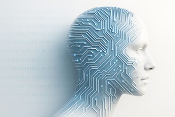 Futuristic human head merged with circuit board lines on light background symbolizing artificial intelligence and digital technology concept.
