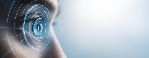 Futuristic biometric eye scan with digital interface elements on clean light background for technology concept, advertising, or digital poster template use.
